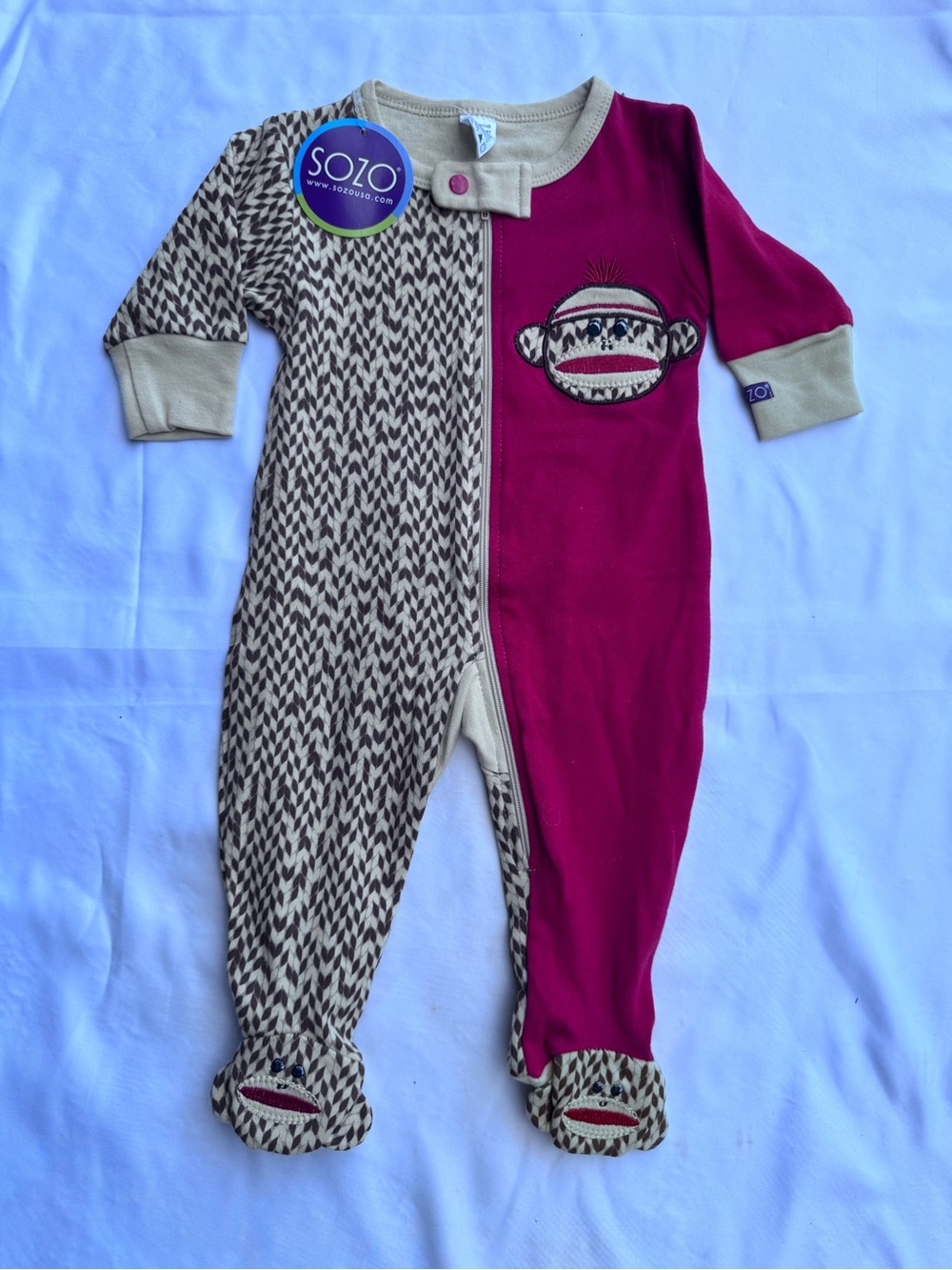 Sozo Maroon and Tan Monkey Print Baby Footie Size 0-3 M